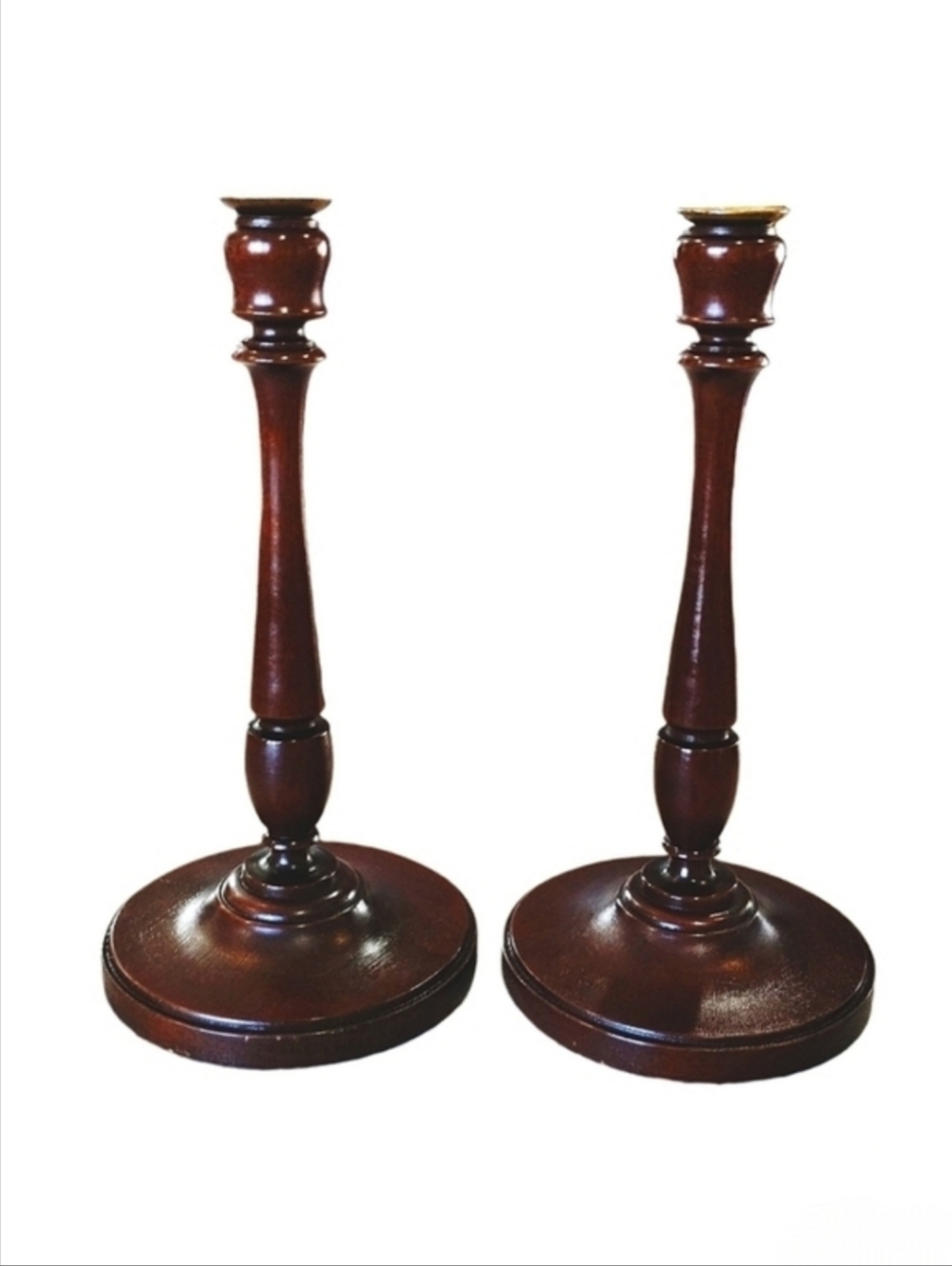 Vintage Mahogany Candlesticks Pair 11" Turned Wood Brass Inserts USA